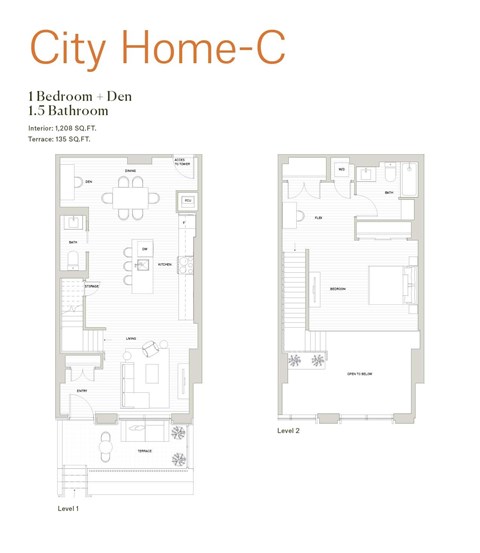 Floor plan for 1 bed, 1.5 baths, 1208 sqft